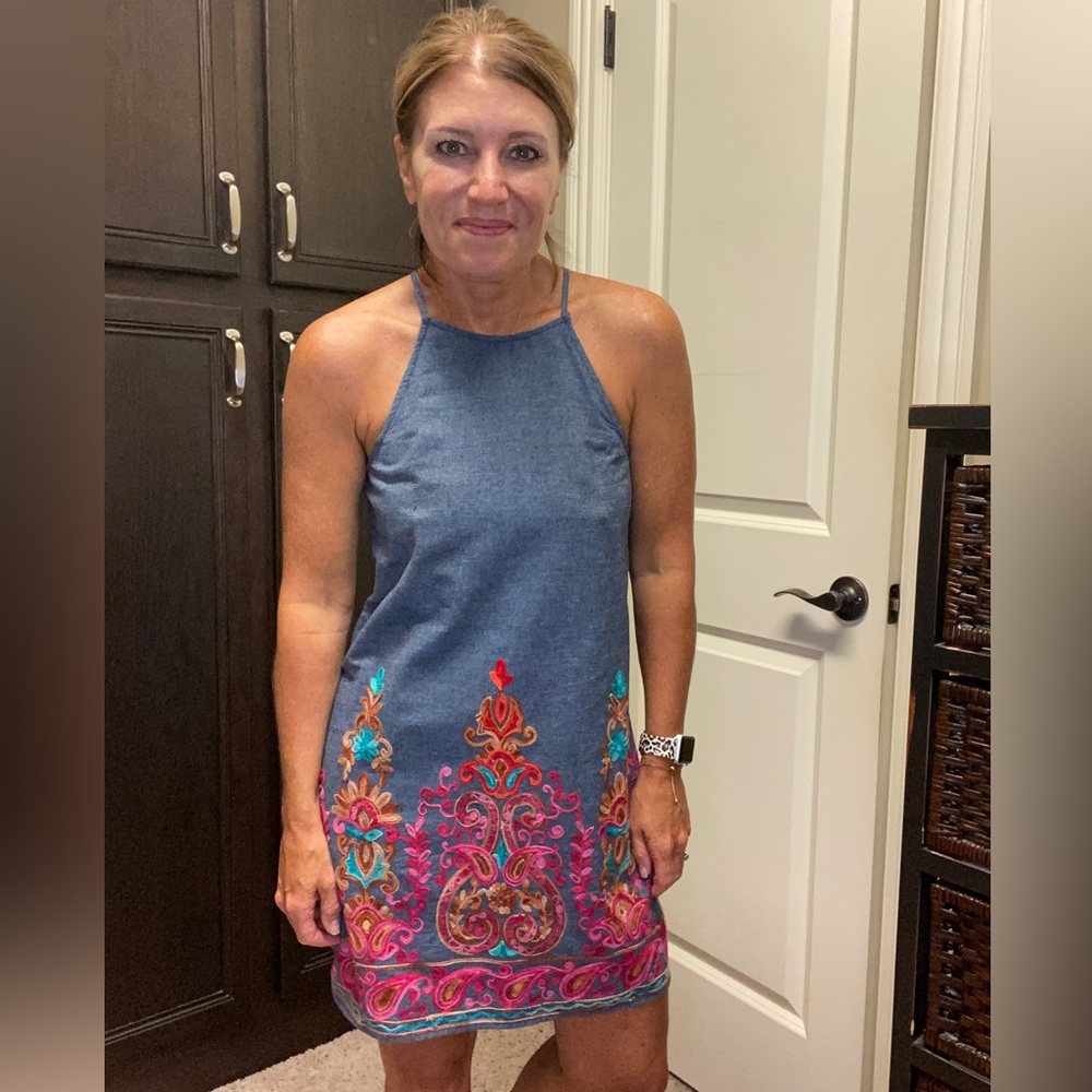 Chambray halter style sundress with embroidered colorful flowers small